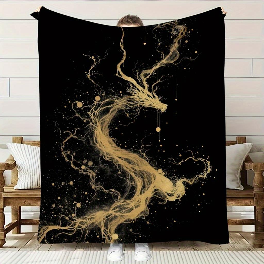 Home Textiles Definition - بطانية فانيلا مريحة بنمط التنين الذهبي،